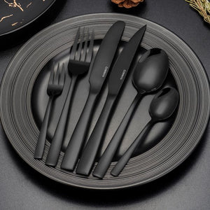 Deleca 8 Persoons Bestekset Essential (48-delig) - Lepels, Messen, Vorken, Steakmessen & Gebaksvorkjes - Vaatwasserbestendig Bestek - Glanzend Zwart / Edelstaal