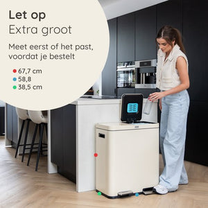 Deleca Recycle Prullenbak met 2 Vakken - 60 Liter (2x30) Afvalbak - Afvalscheiding / Statiegeld container / Pedaalemmer - Vuilnisbak met FreshAura Geurbestrijding - Slow Close - RVS Crème Wit