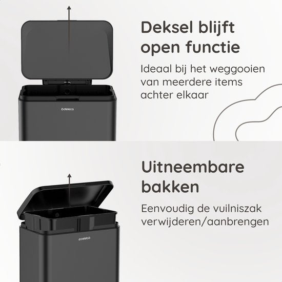 Deleca Prullenbak Prestige - 50 Liter - Breed - RVS Vuilnisbak / Afvalemmer / Pedaalemmer - Met Voetpedaal en Slow Close - Mat Zwart