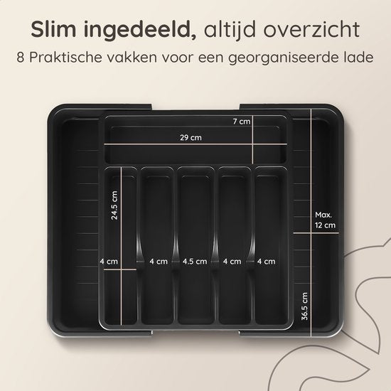 Deleca Uitschuifbaar Bestekbak met 8 Vakken - Besteklade Organizer - Keukenlade Bestek Organiser - Bestekhouder Keuken - 57 x 38 cm - Kunststof / Zwart
