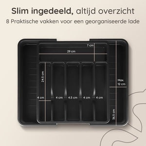 Deleca Uitschuifbaar Bestekbak met 8 Vakken - Besteklade Organizer - Keukenlade Bestek Organiser - Bestekhouder Keuken - 57 x 38 cm - Kunststof / Zwart