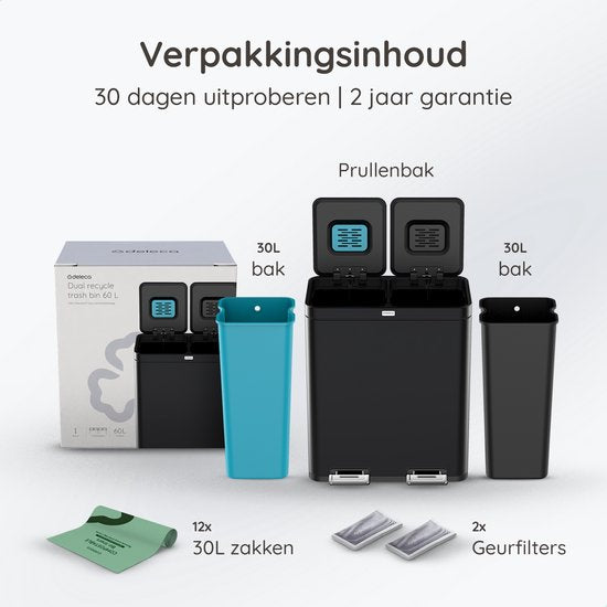 Deleca Recycle Prullenbak met 2 Vakken - 60 Liter (2x30) Afvalbak - Afvalscheiding / Statiegeld container / Pedaalemmer - Vuilnisbak met FreshAura Geurbestrijding - Slow Close - RVS Zwart