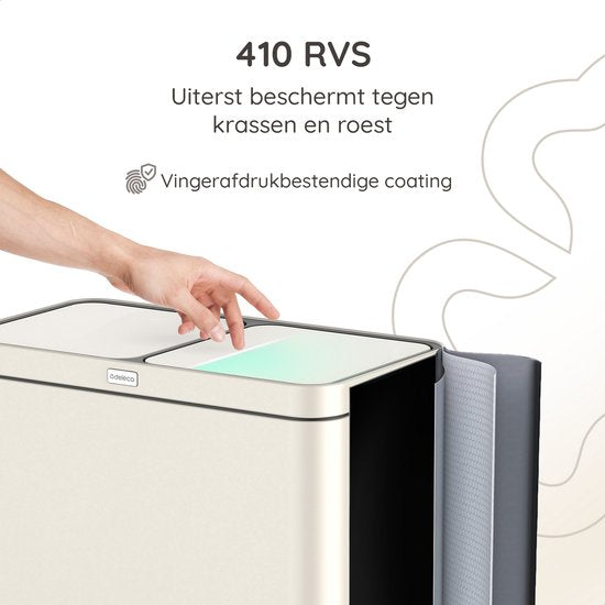 Deleca Recycle Prullenbak met 2 Vakken - 60 Liter (2x30) Afvalbak - Afvalscheiding / Statiegeld container / Pedaalemmer - Vuilnisbak met FreshAura Geurbestrijding - Slow Close - RVS Crème Wit