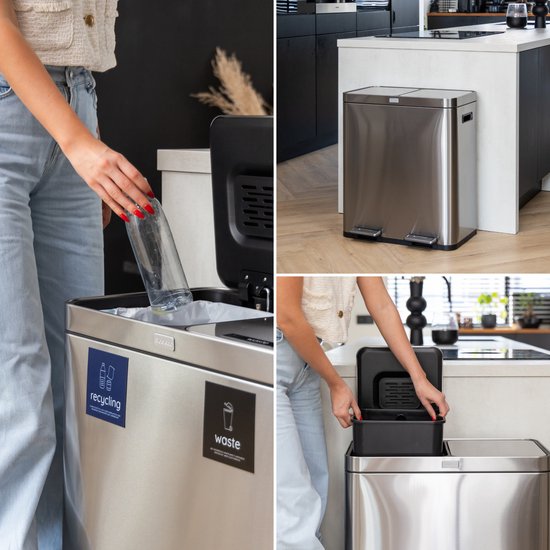 Deleca Recycle Prullenbak met 2 Vakken - 60 Liter (2x30) Afvalbak - Afvalscheiding / Statiegeld container / Pedaalemmer - Vuilnisbak met FreshAura Geurbestrijding - Slow Close - RVS Zilver