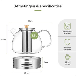 Borosilicaat Glazen Theepot met Filter - 1.5L