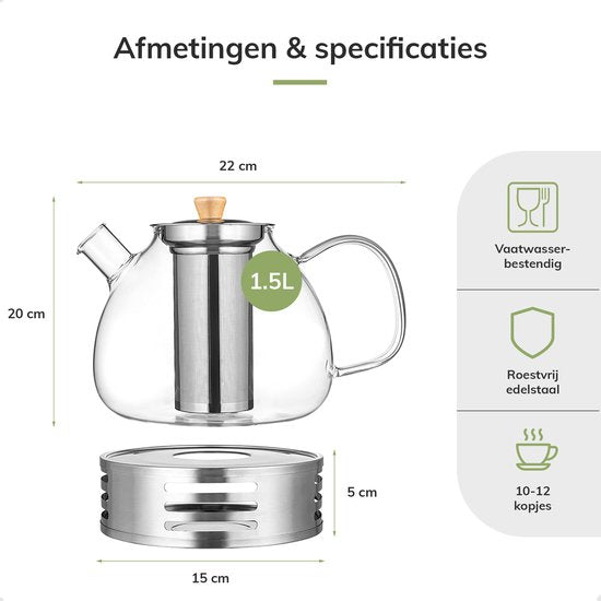 Borosilicaat Glazen Theepot met Filter - 1.5L
