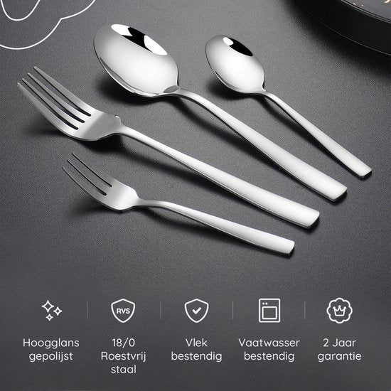 Deleca 12 Persoons Bestekset Essential (72-delig) - Lepels, Messen, Vorken, Steakmessen & Gebaksvorkjes - Vaatwasserbestendig Bestek - Glanzend Zilver / Edelstaal