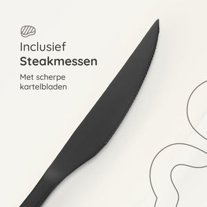Deleca 8 Persoons Bestekset Essential (48-delig) - Lepels, Messen, Vorken, Steakmessen & Gebaksvorkjes - Vaatwasserbestendig Bestek - Glanzend Zwart / Edelstaal