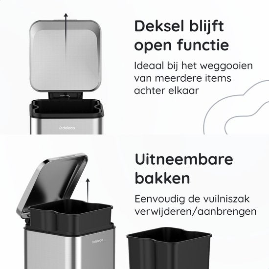 Deleca Prullenbak Prestige 30 Liter - Met Voetpedaal en Slow Close - Vuilnisbak / Afvalemmer / Pedaalemmer - RVS Mat Zilver