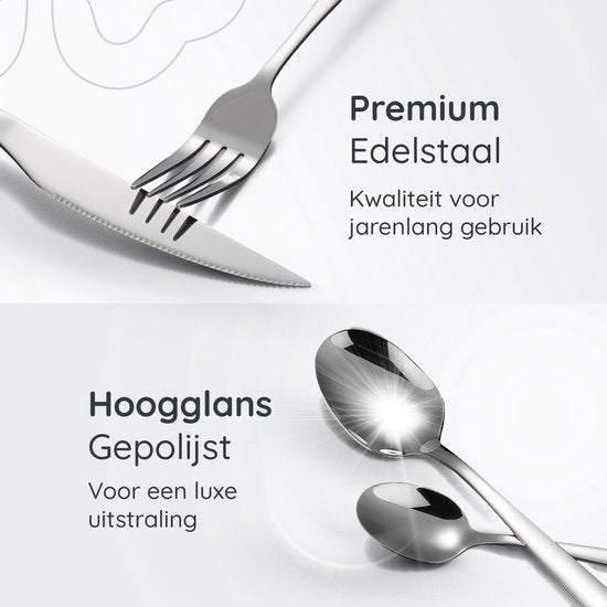 Deleca 12 Persoons Bestekset Essential (72-delig) - Lepels, Messen, Vorken, Steakmessen & Gebaksvorkjes - Vaatwasserbestendig Bestek - Glanzend Zilver / Edelstaal