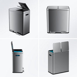 Deleca Recycle Prullenbak met 2 Vakken - 60 Liter (2x30) Afvalbak - Afvalscheiding / Statiegeld container / Pedaalemmer - Vuilnisbak met FreshAura Geurbestrijding - Slow Close - RVS Zilver