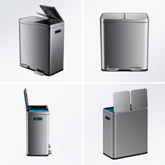 Deleca Recycle Prullenbak met 2 Vakken - 60 Liter (2x30) Afvalbak - Afvalscheiding / Statiegeld container / Pedaalemmer - Vuilnisbak met FreshAura Geurbestrijding - Slow Close - RVS Zilver