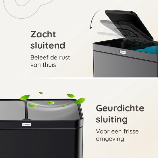 Deleca Recycle Prullenbak met 2 Vakken - 60 Liter (2x30) Afvalbak - Afvalscheiding / Statiegeld container / Pedaalemmer - Vuilnisbak met FreshAura Geurbestrijding - Slow Close - RVS Zwart