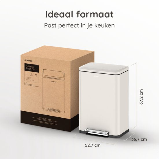 Deleca Prullenbak Prestige - 50 Liter - Breed - RVS Vuilnisbak / Afvalemmer / Pedaalemmer - Met Voetpedaal en Slow Close - Crème wit