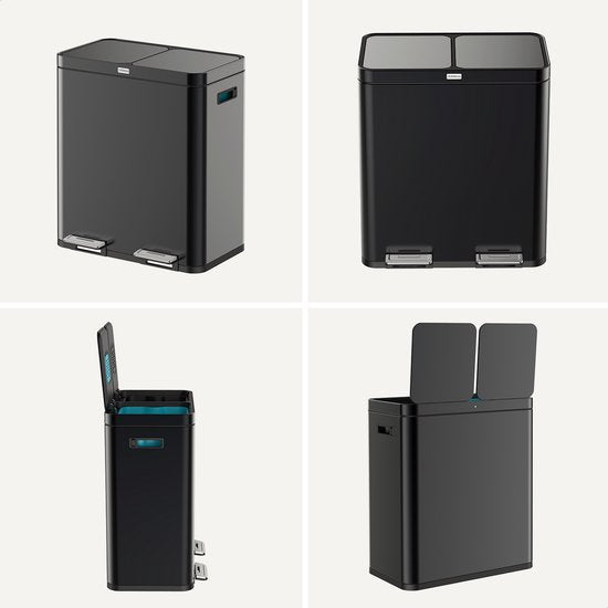 Deleca Recycle Prullenbak met 2 Vakken - 60 Liter (2x30) Afvalbak - Afvalscheiding / Statiegeld container / Pedaalemmer - Vuilnisbak met FreshAura Geurbestrijding - Slow Close - RVS Zwart
