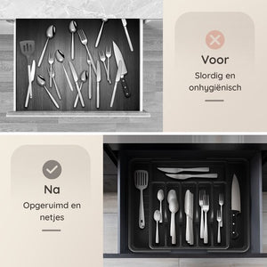 Deleca Uitschuifbaar Bestekbak met 8 Vakken - Besteklade Organizer - Keukenlade Bestek Organiser - Bestekhouder Keuken - 57 x 38 cm - Kunststof / Zwart