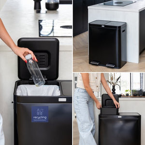 Deleca Recycle Prullenbak met 2 Vakken - 60 Liter (2x30) Afvalbak - Afvalscheiding / Statiegeld container / Pedaalemmer - Vuilnisbak met FreshAura Geurbestrijding - Slow Close - RVS Zwart