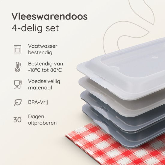 Deleca 4x Vleeswarendoos set voor koelkast - Stapelbaar - Vleeswarenbakjes / Kaasdoos Bewaardoos - Vershoudbakjes / Vershouddoos met Deksel - Incl. Krijtbordstickers om te labelen