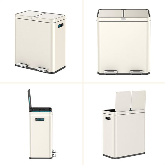 Deleca Recycle Prullenbak met 2 Vakken - 60 Liter (2x30) Afvalbak - Afvalscheiding / Statiegeld container / Pedaalemmer - Vuilnisbak met FreshAura Geurbestrijding - Slow Close - RVS Crème Wit