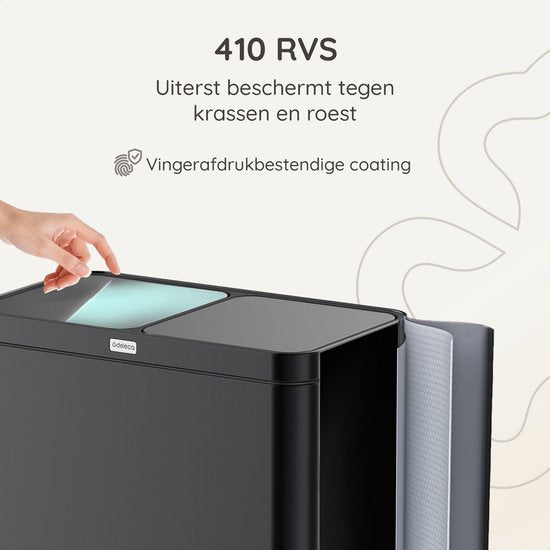 Deleca Recycle Prullenbak met 2 Vakken - 60 Liter (2x30) Afvalbak - Afvalscheiding / Statiegeld container / Pedaalemmer - Vuilnisbak met FreshAura Geurbestrijding - Slow Close - RVS Zwart