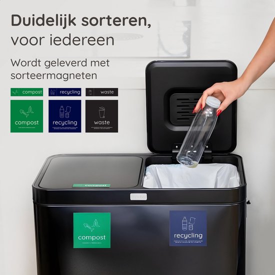 Deleca Recycle Prullenbak met 2 Vakken - 60 Liter (2x30) Afvalbak - Afvalscheiding / Statiegeld container / Pedaalemmer - Vuilnisbak met FreshAura Geurbestrijding - Slow Close - RVS Zwart