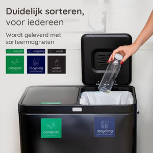 Deleca Recycle Prullenbak met 2 Vakken - 60 Liter (2x30) Afvalbak - Afvalscheiding / Statiegeld container / Pedaalemmer - Vuilnisbak met FreshAura Geurbestrijding - Slow Close - RVS Zwart