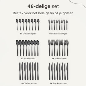 Deleca 8 Persoons Bestekset Essential (48-delig) - Lepels, Messen, Vorken, Steakmessen & Gebaksvorkjes - Vaatwasserbestendig Bestek - Glanzend Zwart / Edelstaal