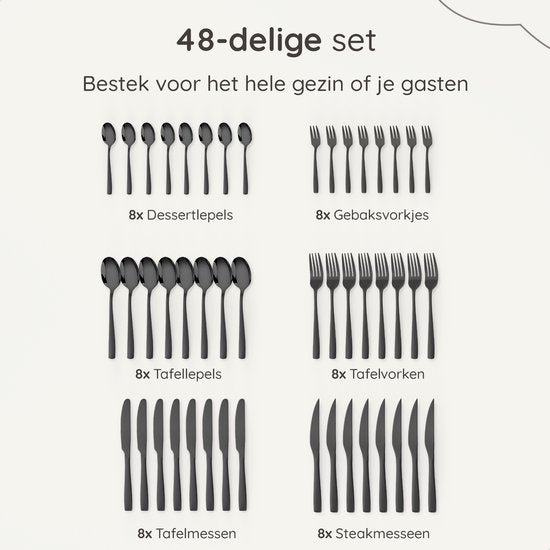Deleca 8 Persoons Bestekset Essential (48-delig) - Lepels, Messen, Vorken, Steakmessen & Gebaksvorkjes - Vaatwasserbestendig Bestek - Glanzend Zwart / Edelstaal