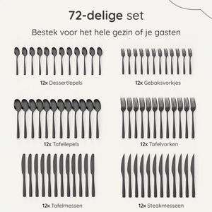 Deleca 12 Persoons Bestekset Essential (72-delig) - Lepels, Messen, Vorken, Steakmessen & Gebaksvorkjes - Vaatwasserbestendig Bestek - Glanzend Zwart / Edelstaal