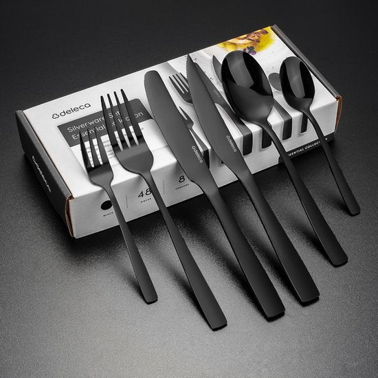 Deleca 8 Persoons Bestekset Essential (48-delig) - Lepels, Messen, Vorken, Steakmessen & Gebaksvorkjes - Vaatwasserbestendig Bestek - Glanzend Zwart / Edelstaal