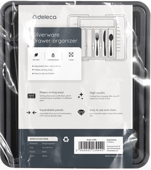 Deleca Uitschuifbaar Bestekbak met 8 Vakken - Besteklade Organizer - Keukenlade Bestek Organiser - Bestekhouder Keuken - 57 x 38 cm - Kunststof / Zwart
