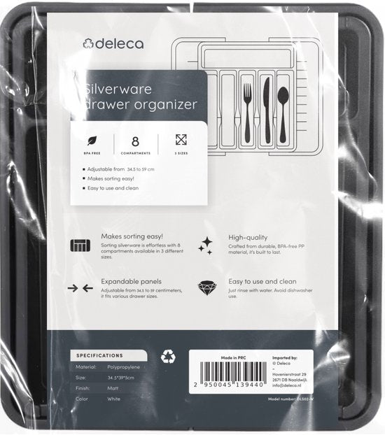 Deleca Uitschuifbaar Bestekbak met 8 Vakken - Besteklade Organizer - Keukenlade Bestek Organiser - Bestekhouder Keuken - 57 x 38 cm - Kunststof / Zwart