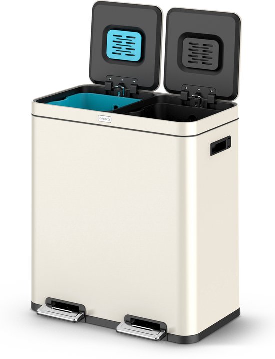 Deleca Recycle Prullenbak met 2 Vakken - 60 Liter (2x30) Afvalbak - Afvalscheiding / Statiegeld container / Pedaalemmer - Vuilnisbak met FreshAura Geurbestrijding - Slow Close - RVS Crème Wit