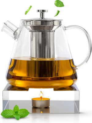 Deleca Glazen Theepot Set Clarity - Met RVS Filter en Theelicht Warmhouder - Voor Losse Thee / Theebloemen - Kerst Cadeau - Borosilicaat Glas / 1.5L