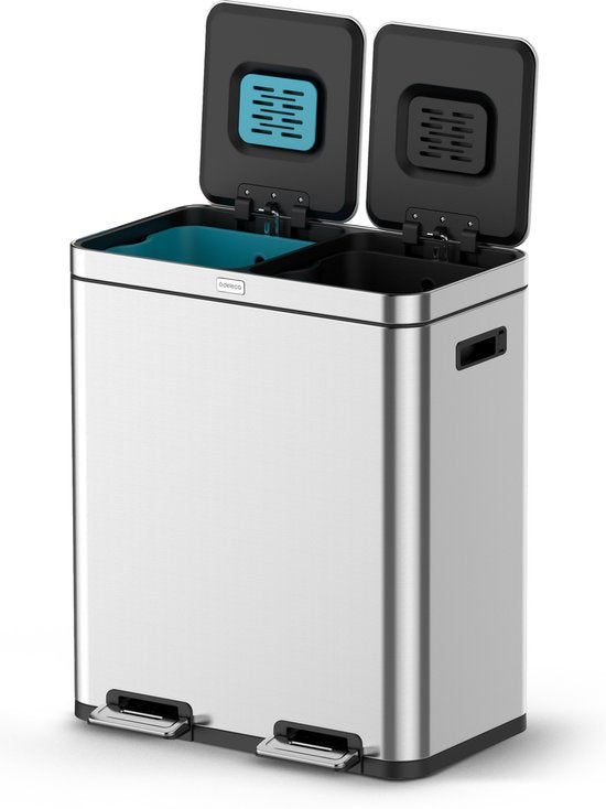 Deleca Recycle Prullenbak met 2 Vakken - 60 Liter (2x30) Afvalbak - Afvalscheiding / Statiegeld container / Pedaalemmer - Vuilnisbak met FreshAura Geurbestrijding - Slow Close - RVS Zilver
