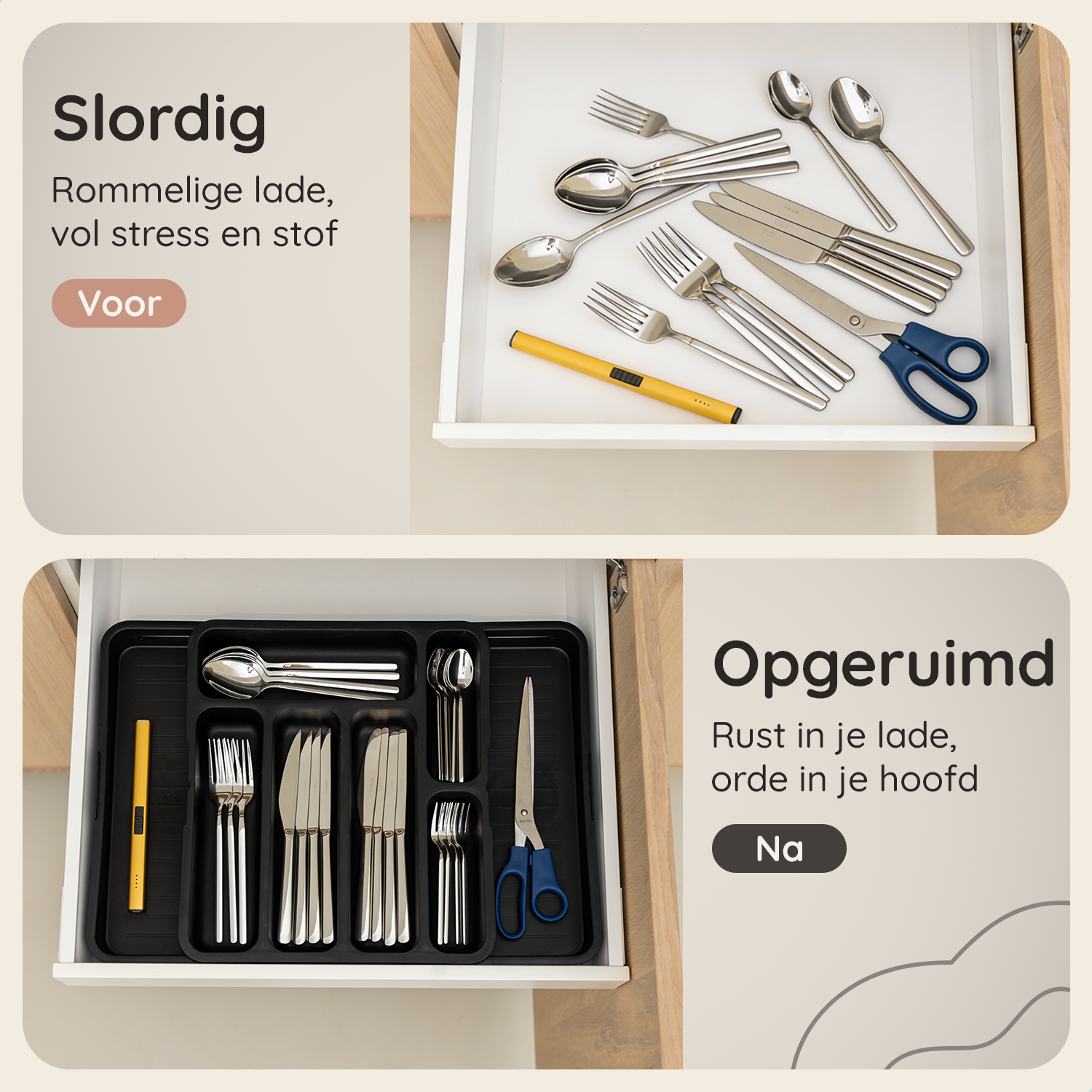 Uitschuifbaar Bestekbak met 8 Vakken - Zwart