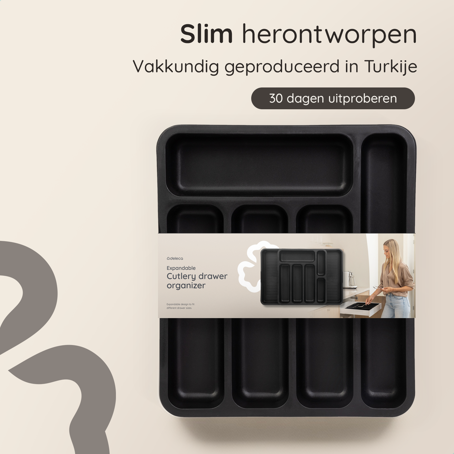 Uitschuifbaar Bestekbak met 8 Vakken - Zwart