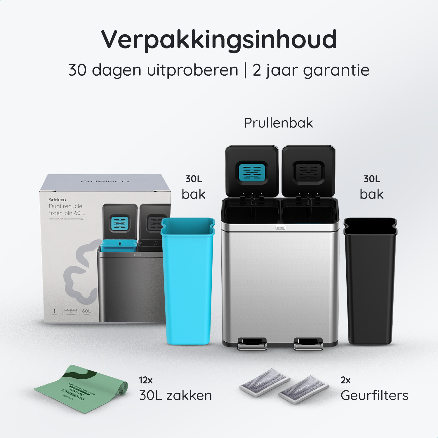 FreshAura Prullenbak 60L (2x30L) - Zilver