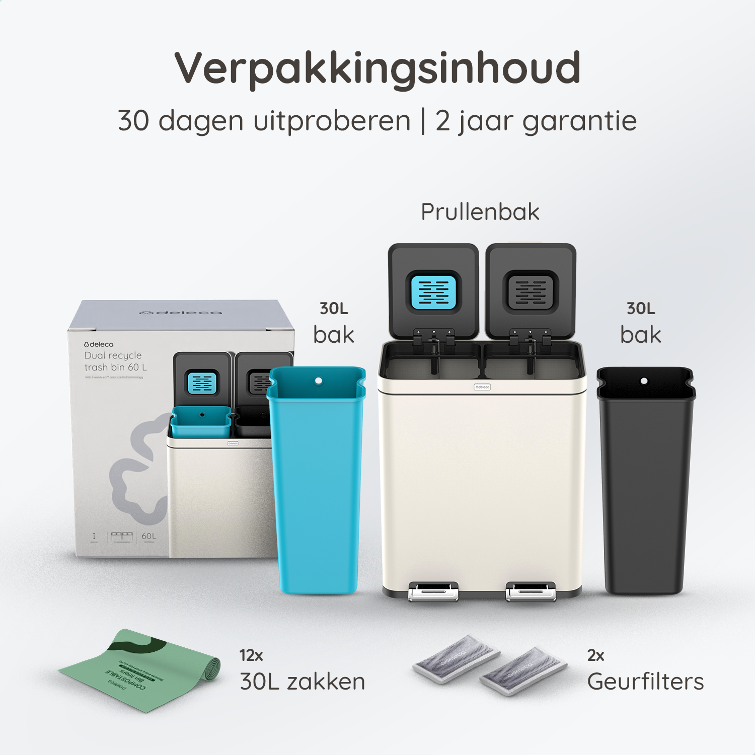 FreshAura Prullenbak 60L (2x30L) - Crème Wit